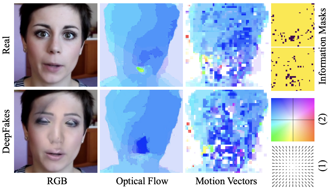 Comparison of RGB, optical flow, motion vectors, and information masks for a real and a deepfake face